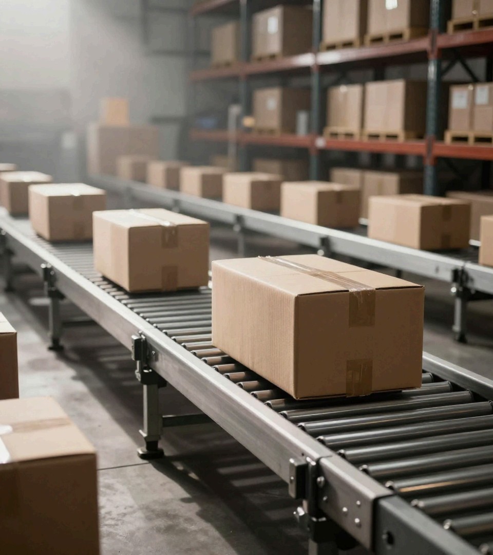 Cartons running along a gravity roller line beside racking