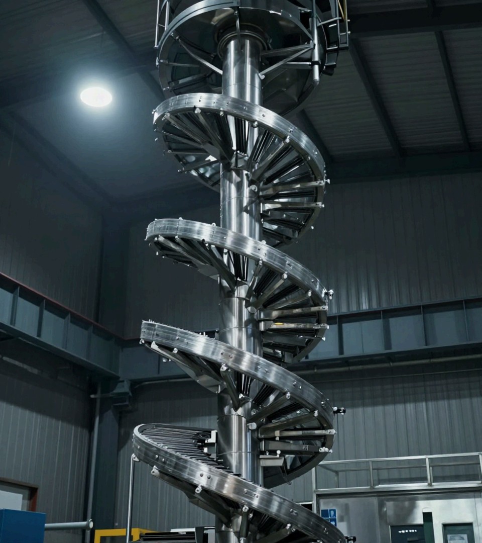 A spiral vertical conveyor rising the full height of a Vulcan assembly bay